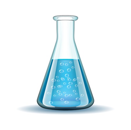 Chemical laboratory transparent flask with blue liquid isolated on whiteのイラスト素材