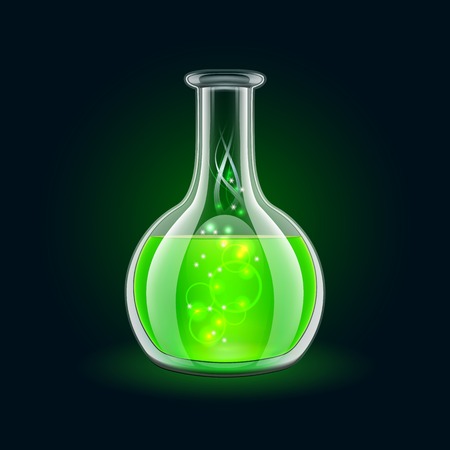 Transparent flask with magic green liquid on black backgroundのイラスト素材