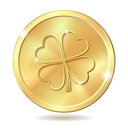Golden coin with four leaf clover. St. Patricks day symbol. Vector illustrationのイラスト素材