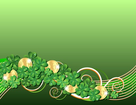 Patricks Day card with clovers and golden coins. Vector illustrationのイラスト素材