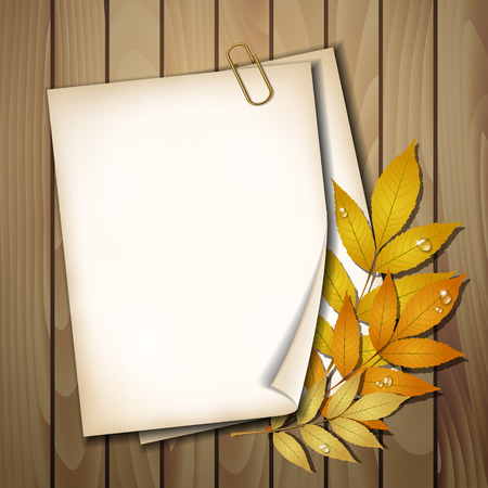 Paper sheet with autumn leaves on wooden background texture.のイラスト素材