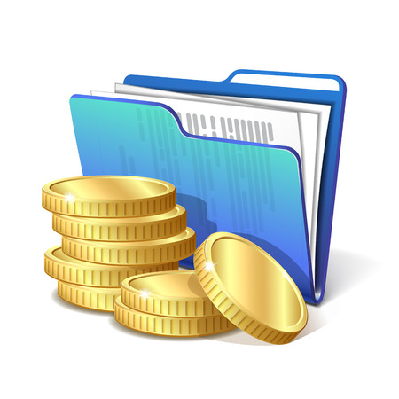 Stack of gold coins next to the blue folder with documents, symbol of a successful business projectのイラスト素材
