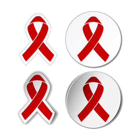 AIDS awareness sign - set of stickers with image of red ribbons. Vector illustrationのイラスト素材