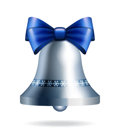 Silver jingle bell with blue bow isolated on white. Illustration for christmas, new year, decoration, winter holidayのイラスト素材