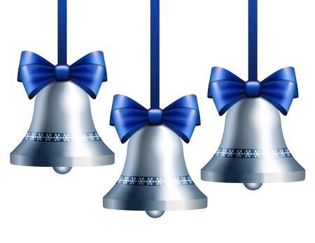 Silver bells with blue ribbon hanging on blue ribbons.のイラスト素材