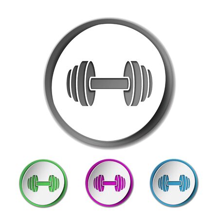 Set of dumbbell icons on white round promotional stickers. Vector illustrationのイラスト素材