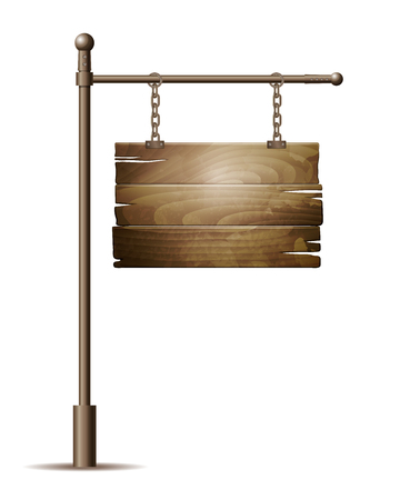 Empty wooden board sign hanging on a chain isolated on white. Vector illustrationのイラスト素材