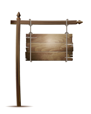 Empty wooden board sign hanging on a rope isolated on white. Vector illustrationのイラスト素材