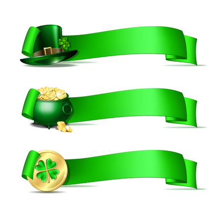 Patricks Day banners. Green ribbons with green leprechaun top hat, pot full of gold coins and golden coins of leprechaun with clover. Vector illustration isolated on white backgroundのイラスト素材