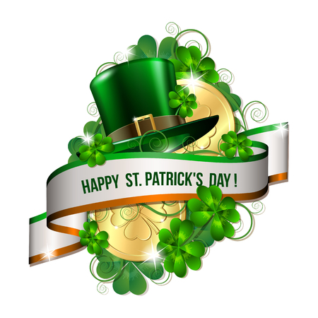 happy st. patrick's day card with green hat, shamrock leaves Vector illustration.のイラスト素材