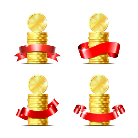 Set of Stacked of coins with red ribbon vector illustrationのイラスト素材