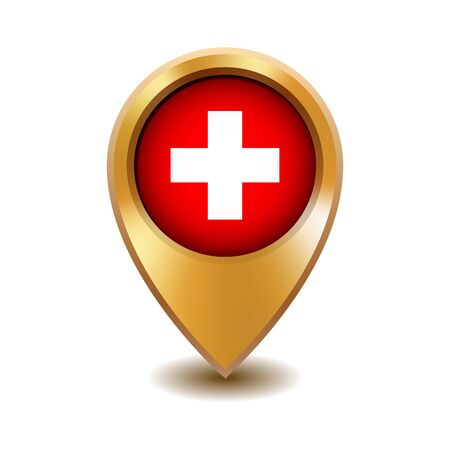 Golden metal map pointer with Switzerland flag. Vector illustration isolated on white backgroundのイラスト素材