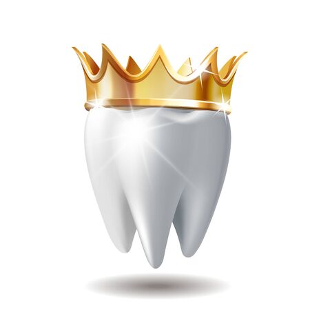 Realistic white Tooth in golden crown isolated on whiteのイラスト素材