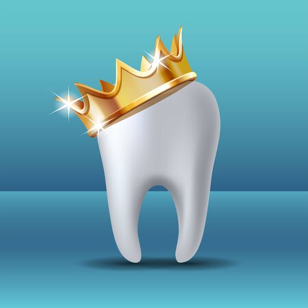 Realistic white Tooth in golden crown. Tooth care dental medical stomatology vector icon.のイラスト素材