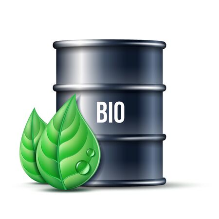 Black barrel of biofuel with word BIO and green leaves isolated on whiteのイラスト素材