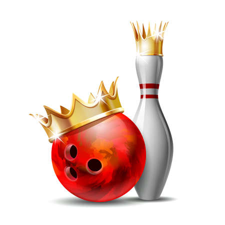 Red glossy bowling ball with golden crown and white bowling pin with red stripes. Equipment for Sport competition or Activity and fun game. Vector illustration isolated on white backgroundのイラスト素材