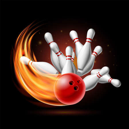 Red Bowling Ball in Flames crashing into the pins on a Dark Background. Illustration of bowling strike.のイラスト素材