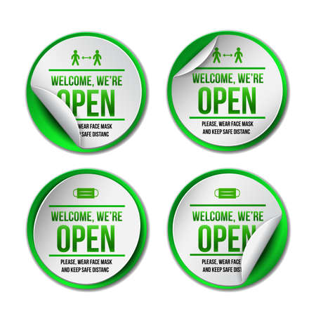 Open sign on green label - welcome back. Set of Information sign for front the door about working again.のイラスト素材