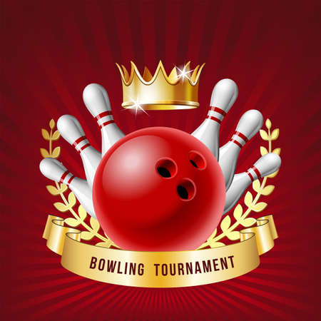 Bowling sport emblem with red glossy ball, bowling pins and white ribbon for lettering.のイラスト素材