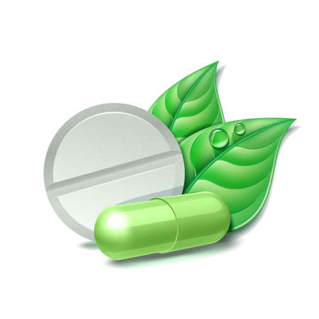 Two natural medical pills with green leaves. Pharmaceutical vector symbol with leaf for pharmastoreのイラスト素材