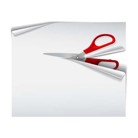 Scissors with red plastic handles cutting white paper sheetのイラスト素材