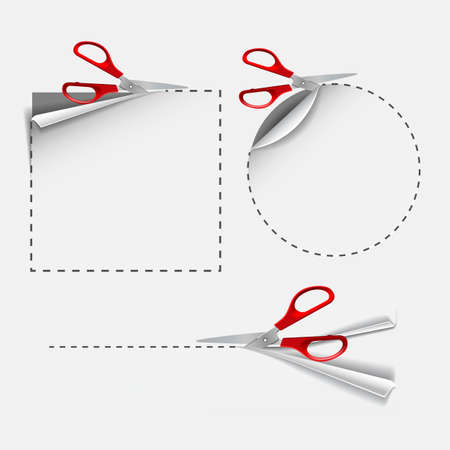 Scissors with red plastic handles cut round and square stickers.のイラスト素材