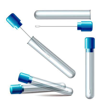 Set of transparent plastic tubes with blue cap and Cotton swabs in 3d realistic vector isolated on whiteのイラスト素材