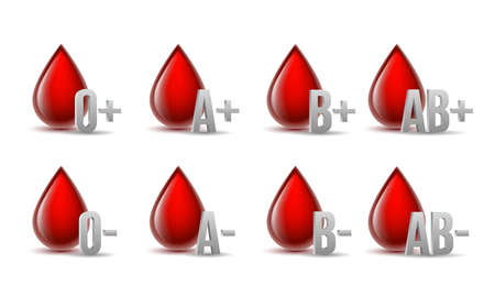 Set of red blood drops with grey blood type medical icons.のイラスト素材