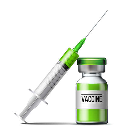 Plastic medical syringe with needle, drop and vial serum against Covid-19.のイラスト素材