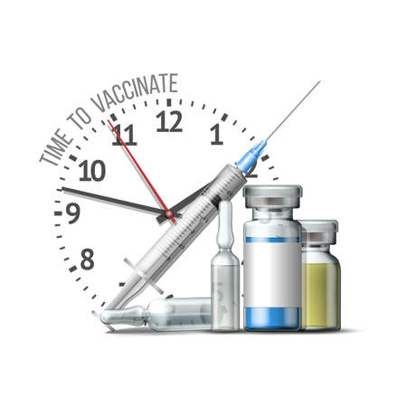 Time to vaccinate concept. Syringe, bottles of vaccine and Timer clock.のイラスト素材