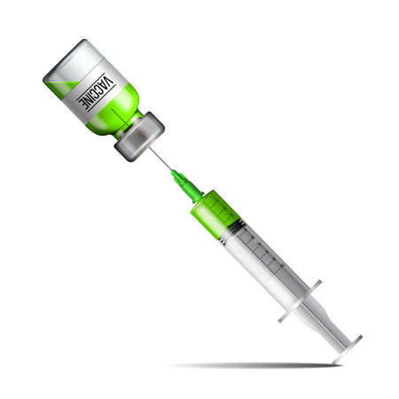 Plastic medical syringe with needle, drop and vial serum against Covid-19.のイラスト素材