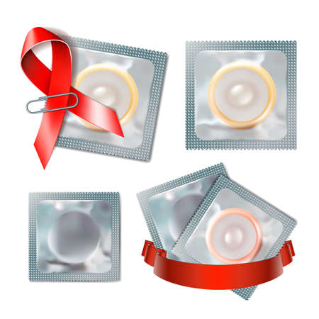Set of Condoms in packaging foil. Mock up of packaging for condoms. Red awareness ribbon with condom on white background. Safe sex concept. Symbol of world contraception day or world AIDS dayのイラスト素材