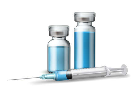 Medical syringe with blue liquid and medicine ampoules and vials.のイラスト素材