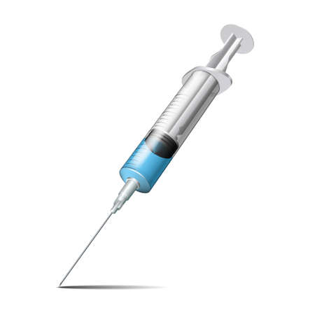 Syringe with blue liquid. Syringe with needle for medical drug injection, vaccine for care and treatment.のイラスト素材