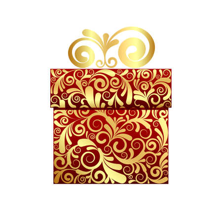 Christmas card - red gift box with gold ornament.のイラスト素材