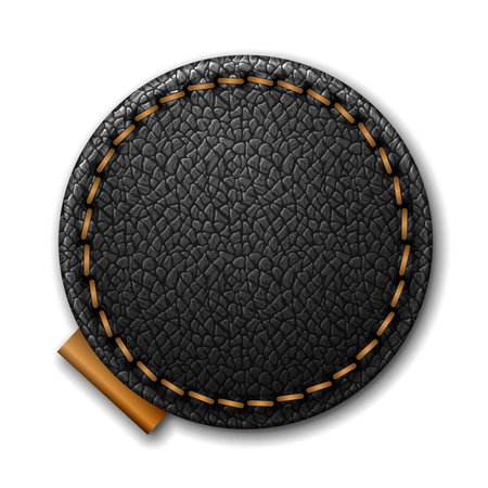 Blank round stitched black leather label isolated on white background vector template.のイラスト素材