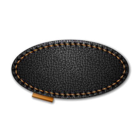 Blank oval stitched black leather label isolated on white background vector template.のイラスト素材
