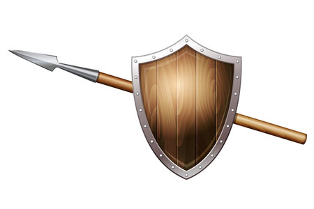 Wooden shield with steel frame and spear. Vector illustrationのイラスト素材