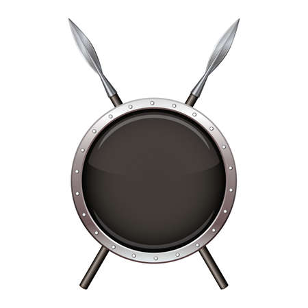 Black shield with steel frame and spear. Vector illustrationのイラスト素材