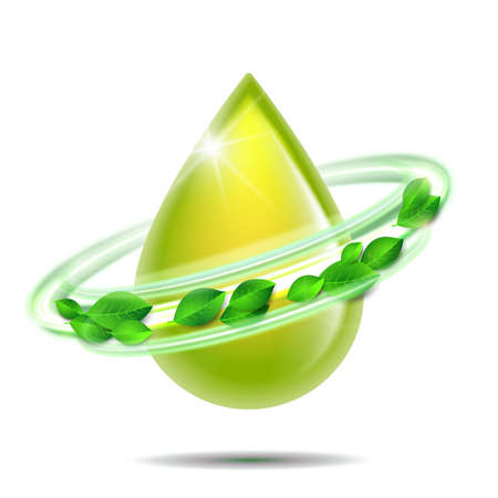 Green glossy drop with green leaves, environment conceptual design.のイラスト素材