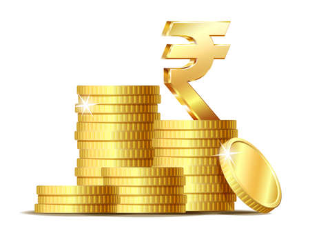 Stack of coins with Shiny golden Indian Rupee currency symbol.のイラスト素材