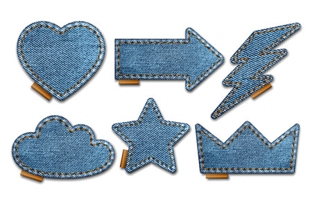Set of blue denim patches with stitches. Light blue denim.のイラスト素材