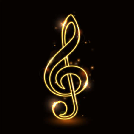 Golden luminous contour of the treble clef on a dark background,のイラスト素材