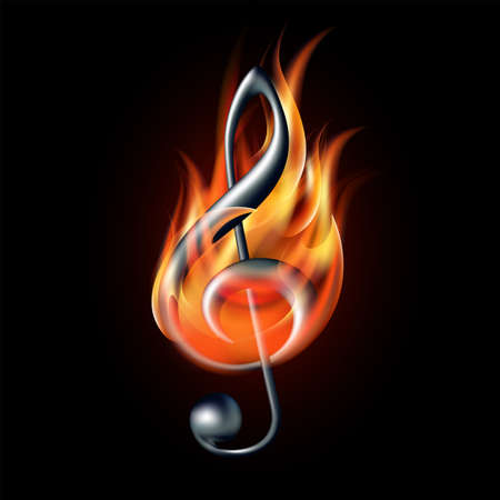 Treble clef silhouette in fire flames. Flaming Music violin clef sign.のイラスト素材