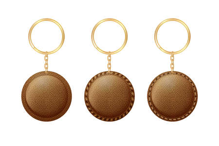 Leather round keychain, holder trinket for key with metal ring.のイラスト素材