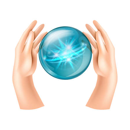 Magic Crystal Ball with female hands isolated on white. Mystic magician symbolのイラスト素材
