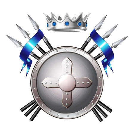 Vector heraldic Coat of arms with crossed spears, ribbon, knightly crown and shield.のイラスト素材