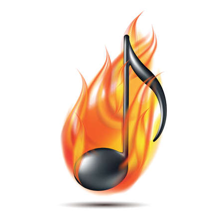 Musical note silhouette in fire flames. Flaming Music note signのイラスト素材