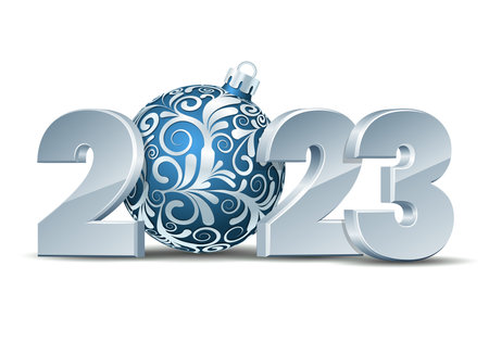 White Numbers Design of greeting card with blue christmas ball