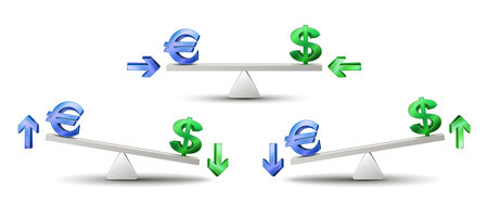 Euro and dollar signs on seesaw weight scale. US Dollar versus EU Euro.のイラスト素材